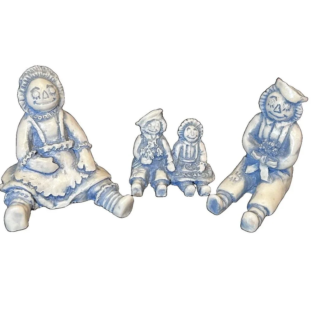 VTG Georgia Blue Marble Raggedy Ann Andy Collectible Figurines Set of 3 Folk Art